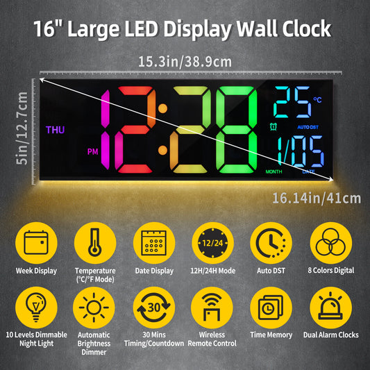 16" Large Digital LED Wall Clock with Remote Control